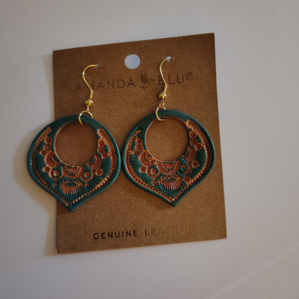 Teal and Gold Leather Earrings